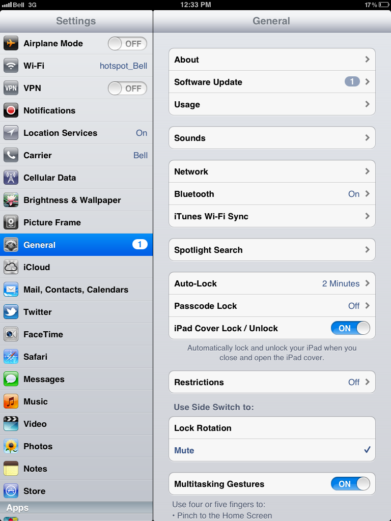 iPad with general settings open