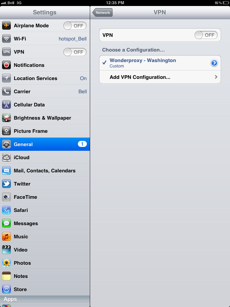 iPad with VPN settings open
