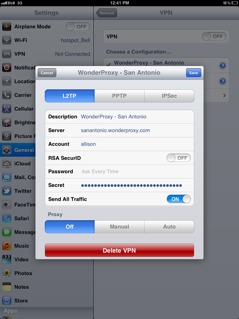 iPad with VPN configuation open