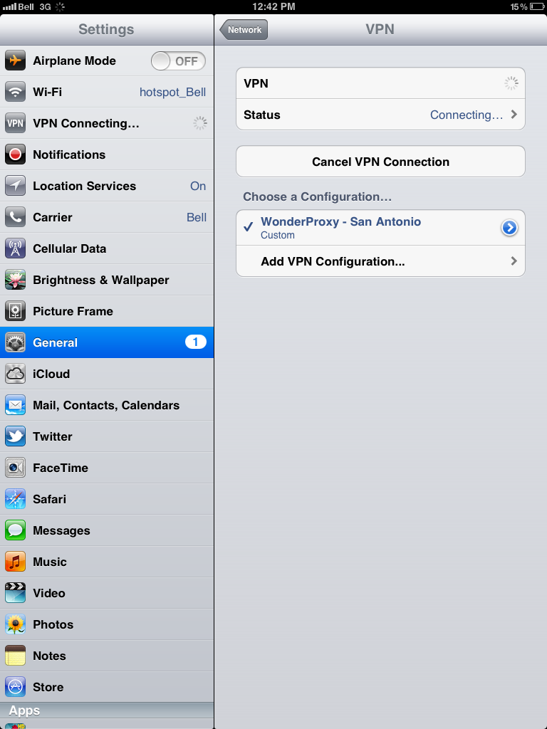 iPad with VPN turned on in VPN settings