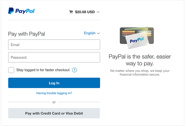 paypal login page, asking for email and password