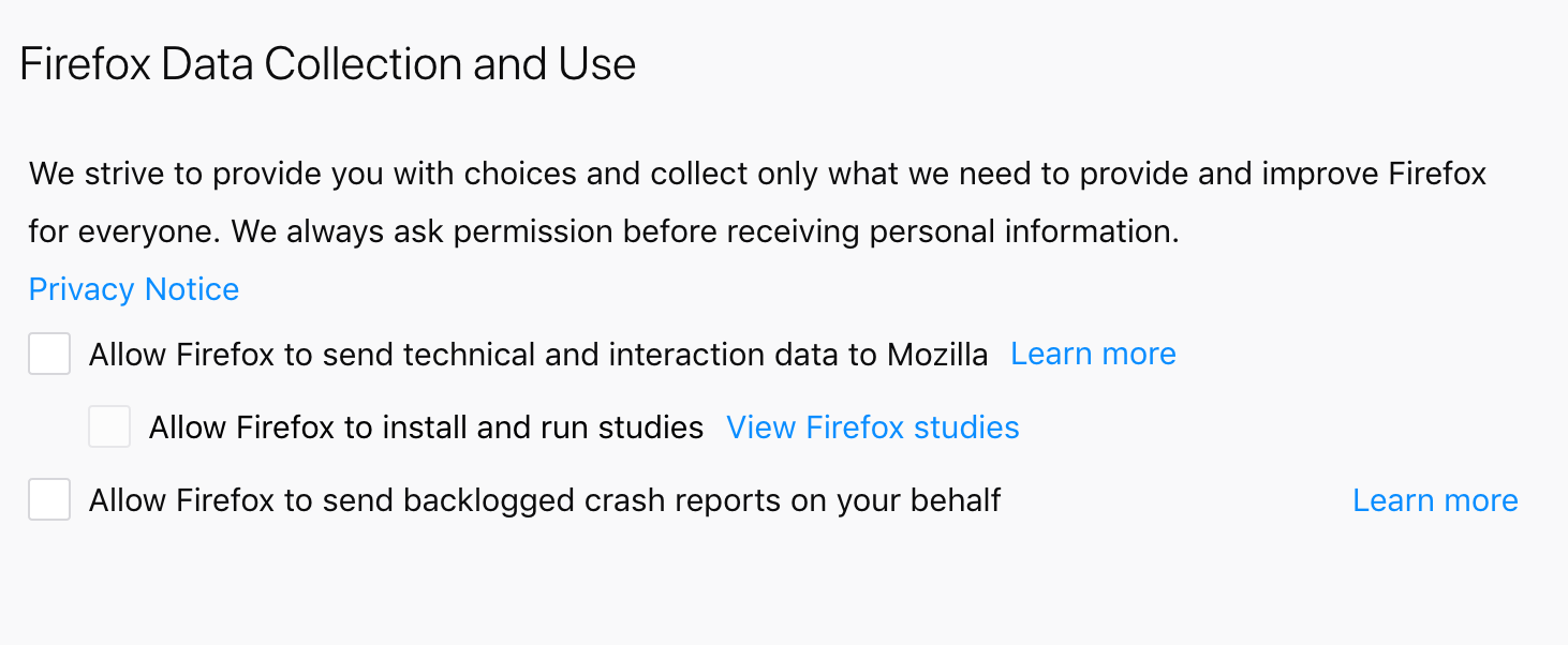 Firefox asking permission to send technical and interaction data to Mozilla