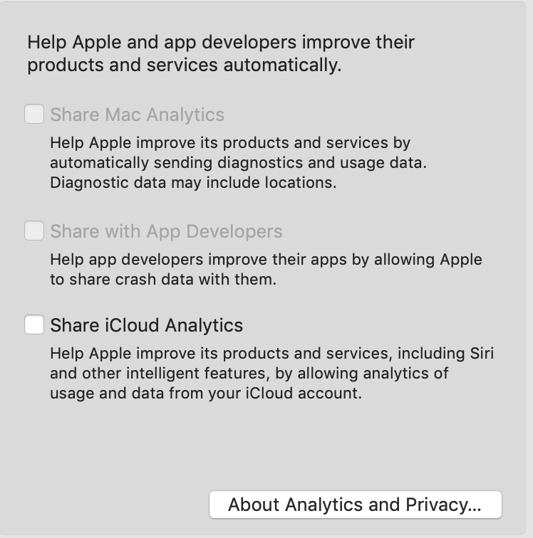 Apple asking permission to send analytics data to Apple or App Developers data