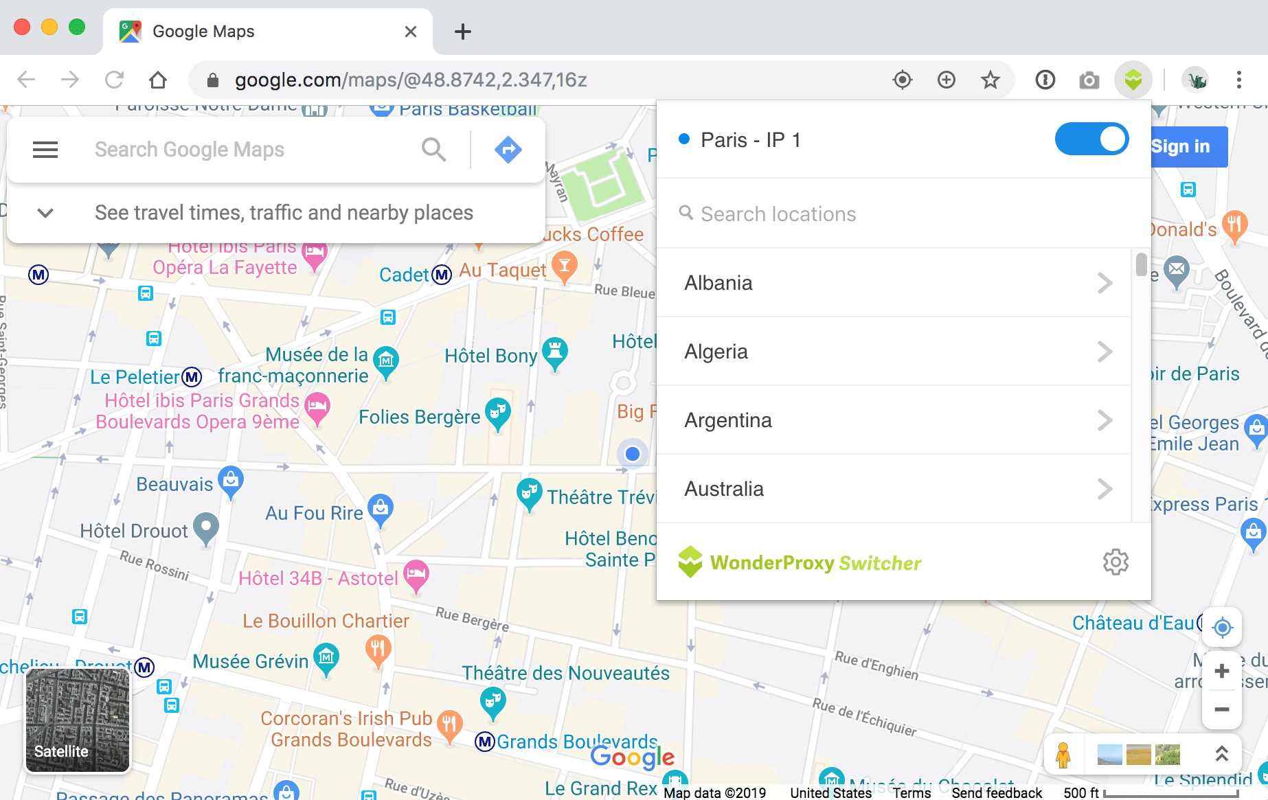 Testing Google Maps with Switcher extension using Paris proxy server