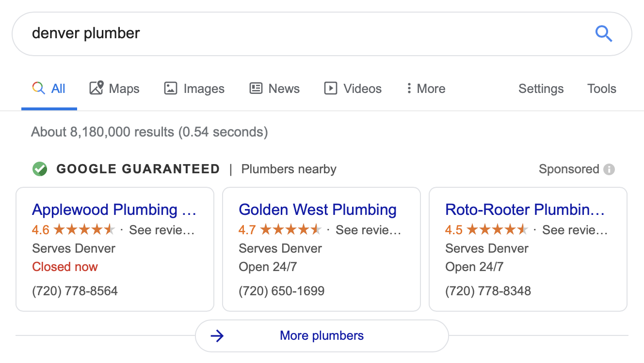 Google ads for plumbers in Denver