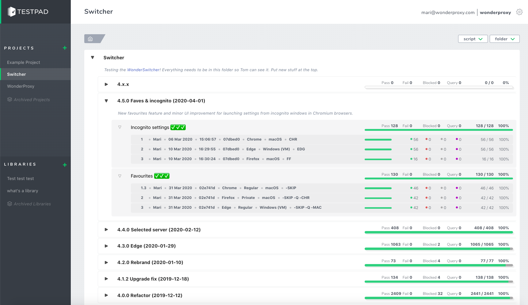 Switcher project in Testpad, with the folder for release 4.5.0 expanded to show scripts