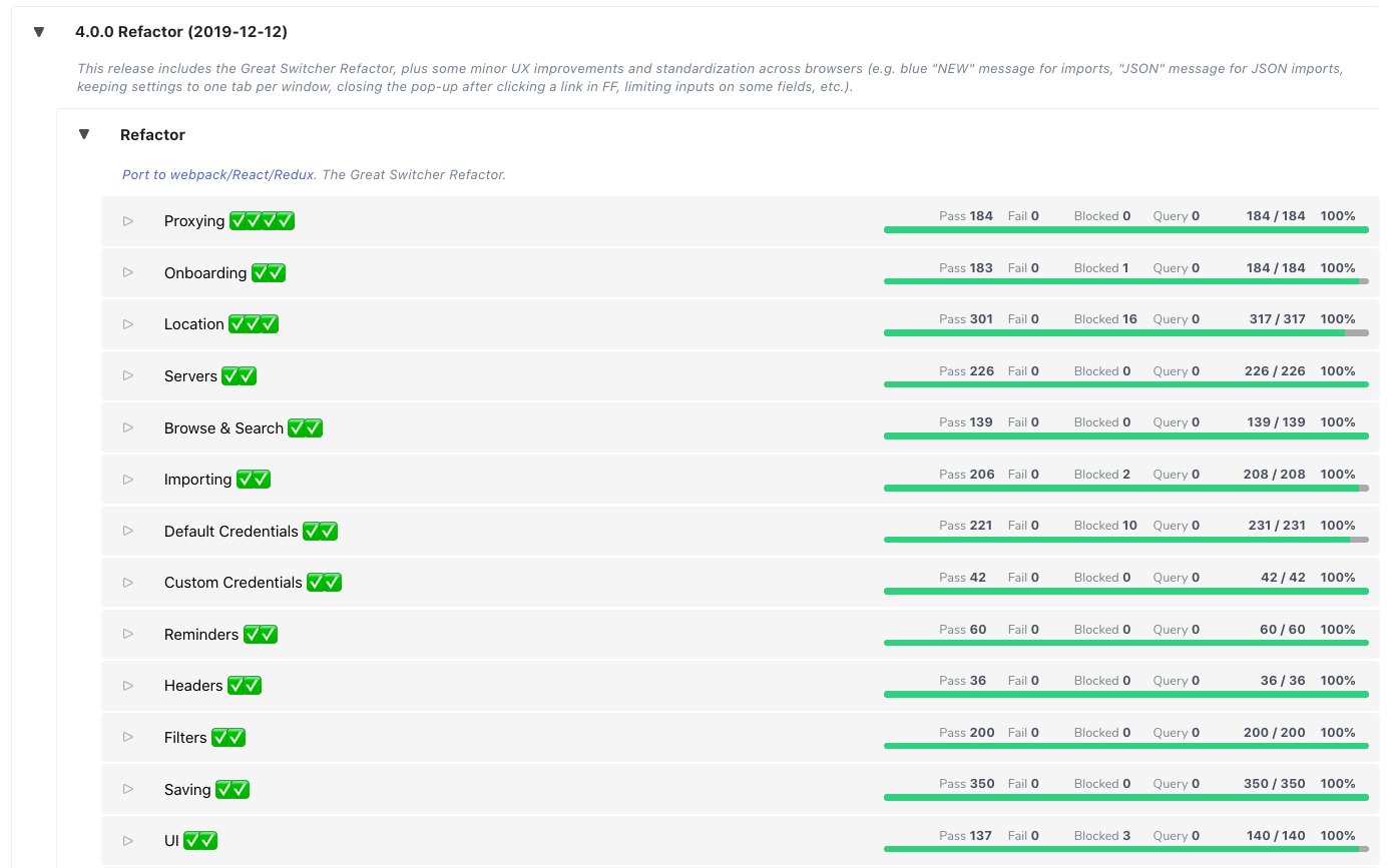 Testpad folder for the Switcher refactor, with a script for each major feature