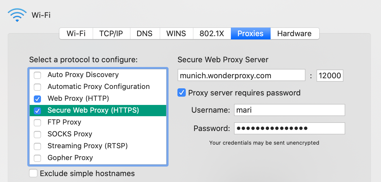 Proxies tab in macOS System Preferences: Network pane with HTTPS proxy username & password