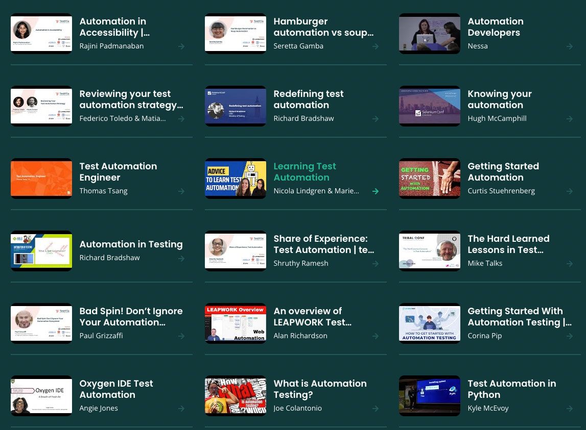 Curated QA search results showing thumbnails for multiple QA videos