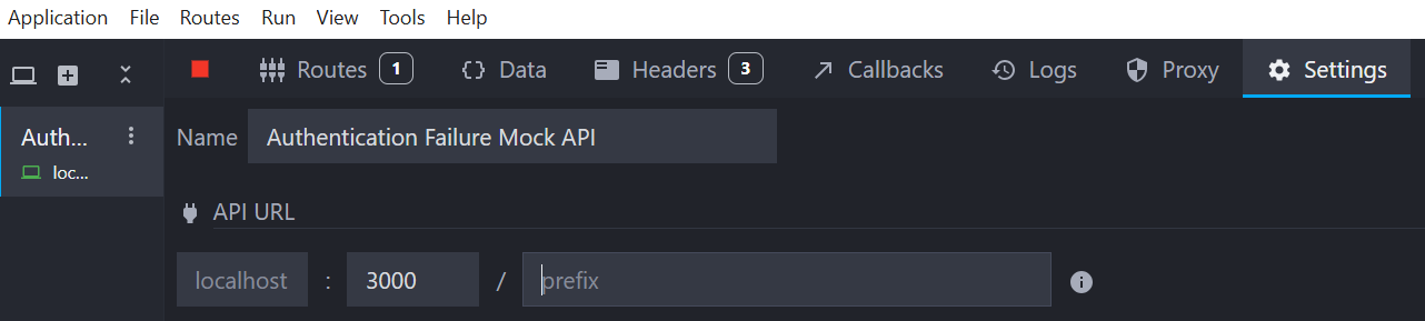 Screenshot with the application focused on the 'Settings' tab, where you can see the input fields to modify the mocked server name and its configured PORT