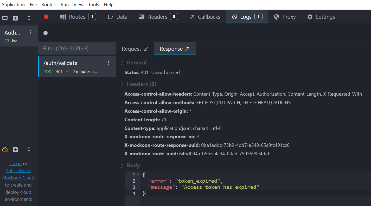 Screenshot of the 'Logs' tab where we can visualize the data from the captured request made to /auth/validate and its response properties, like: status code, headers and response body