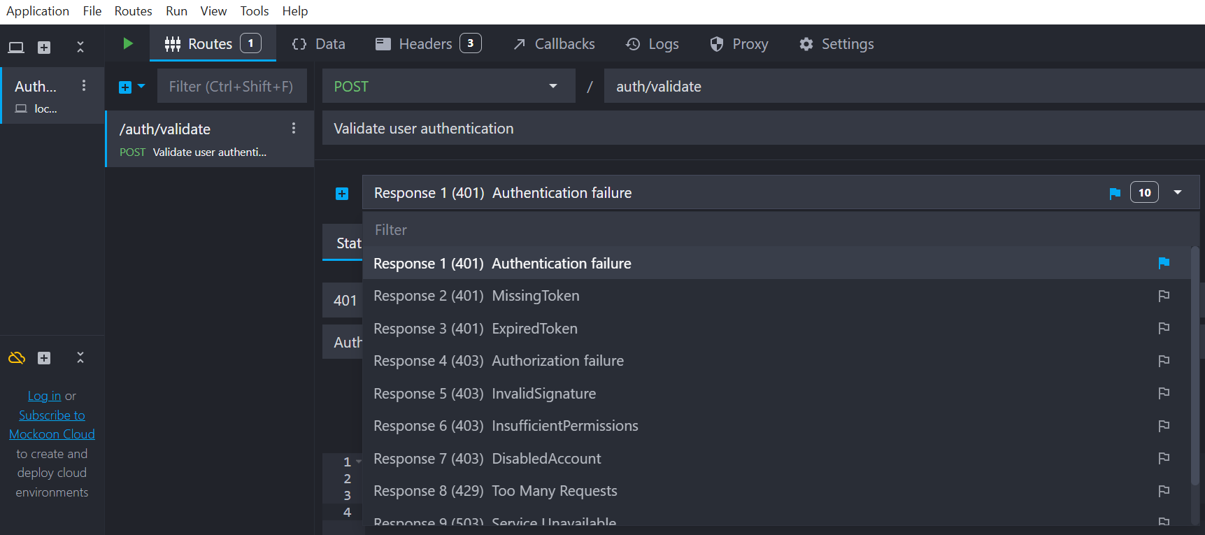 The endpoint imported from the specification. It shows the auth/validate endpoint and indicates the list of possible responses that have been added based on the examples from the document.