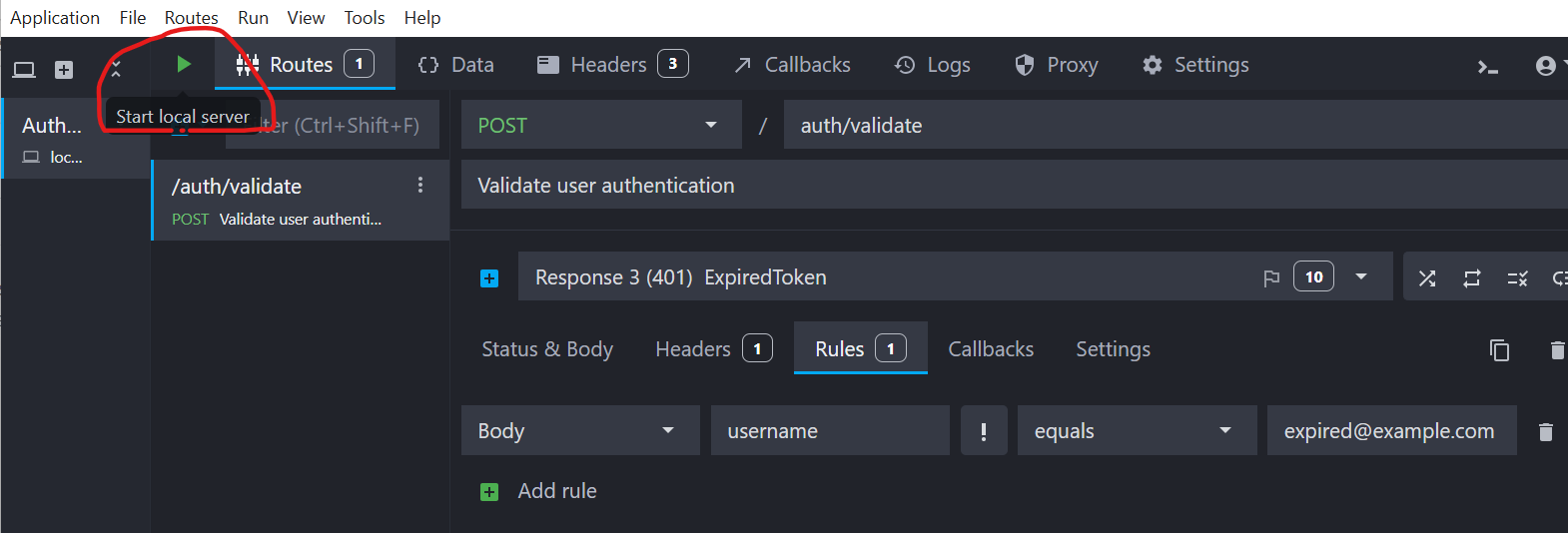 Screenshot indicating with a red circle the 'Play' button that should be pressed to start the mocked server API