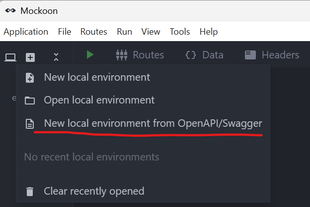 The menu options shown to the user when clicking the 'Plus' button from the task bar. It underlines in red the option 'New local environment from OpenAPI/Swagger' that should be clicked in our first step