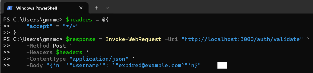 Screenshot of Windows PowerShell with an example POST request to the auth/validate endpoint running in the local mock server