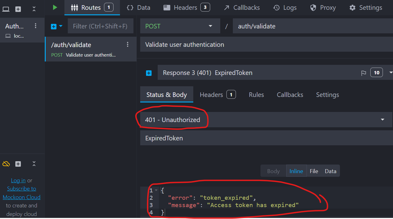 Screenshot of the application's view with the auth/validate endpoint in focus and example response 3 expired token as the selected option. Status code 401 and example response body circled in red