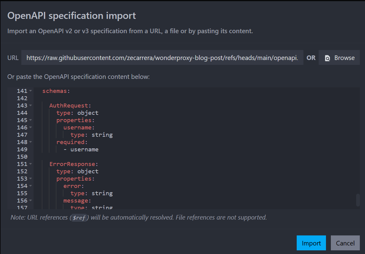 The OpenAPI specification import modal, where the user can input the URL to the file to be imported or click the browse button to select a local file. A preview of the imported content is shown alongside the buttons to Import or Cancel the operation