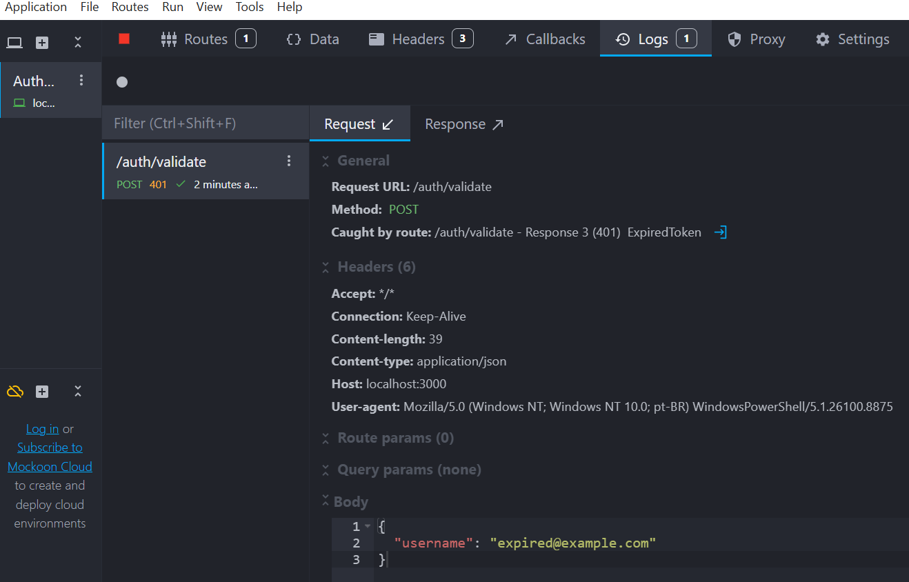 Screenshot of mockoon with the 'Logs' tab in focus, where we can see the /auth/validate request that was captured alongside the properties from the request, like URL, method, body