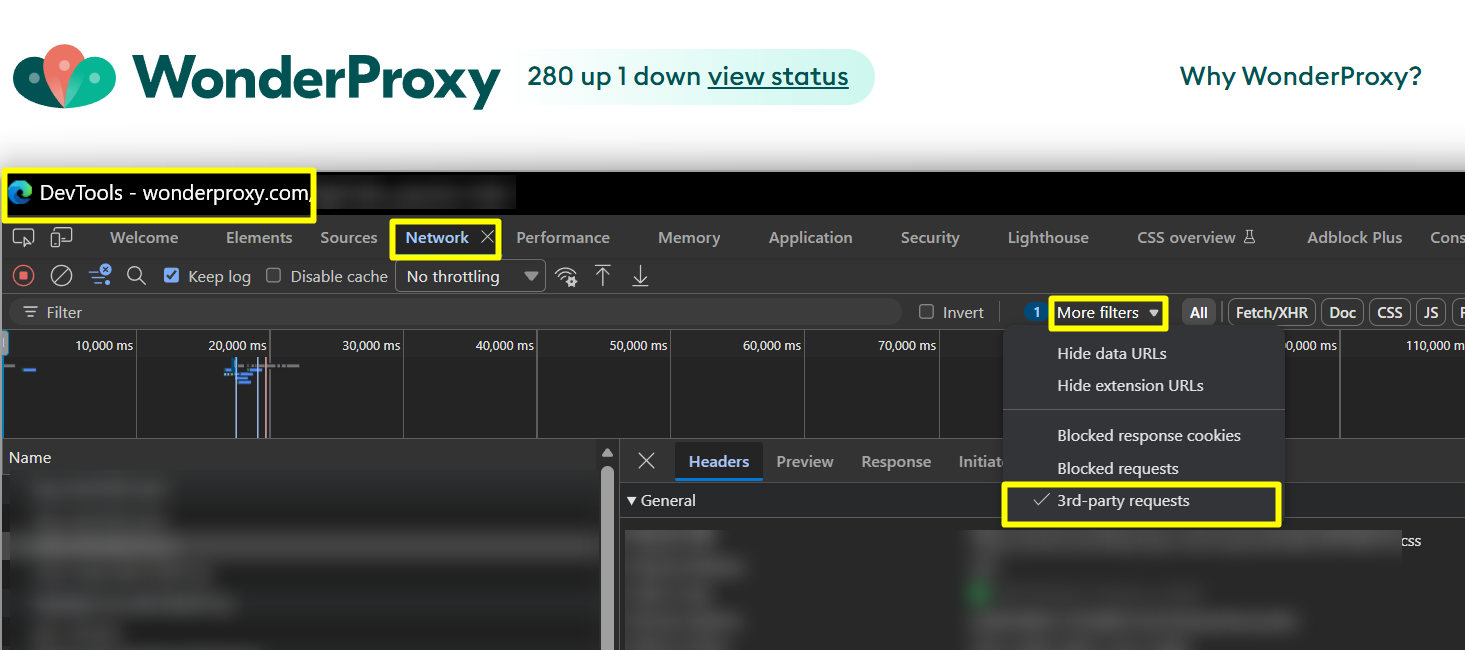 Screenshot of browser developer tools showing the Network panel with the filter menu open and third-party requests selected, illustrating how third-party network requests can be isolated from the network logs.