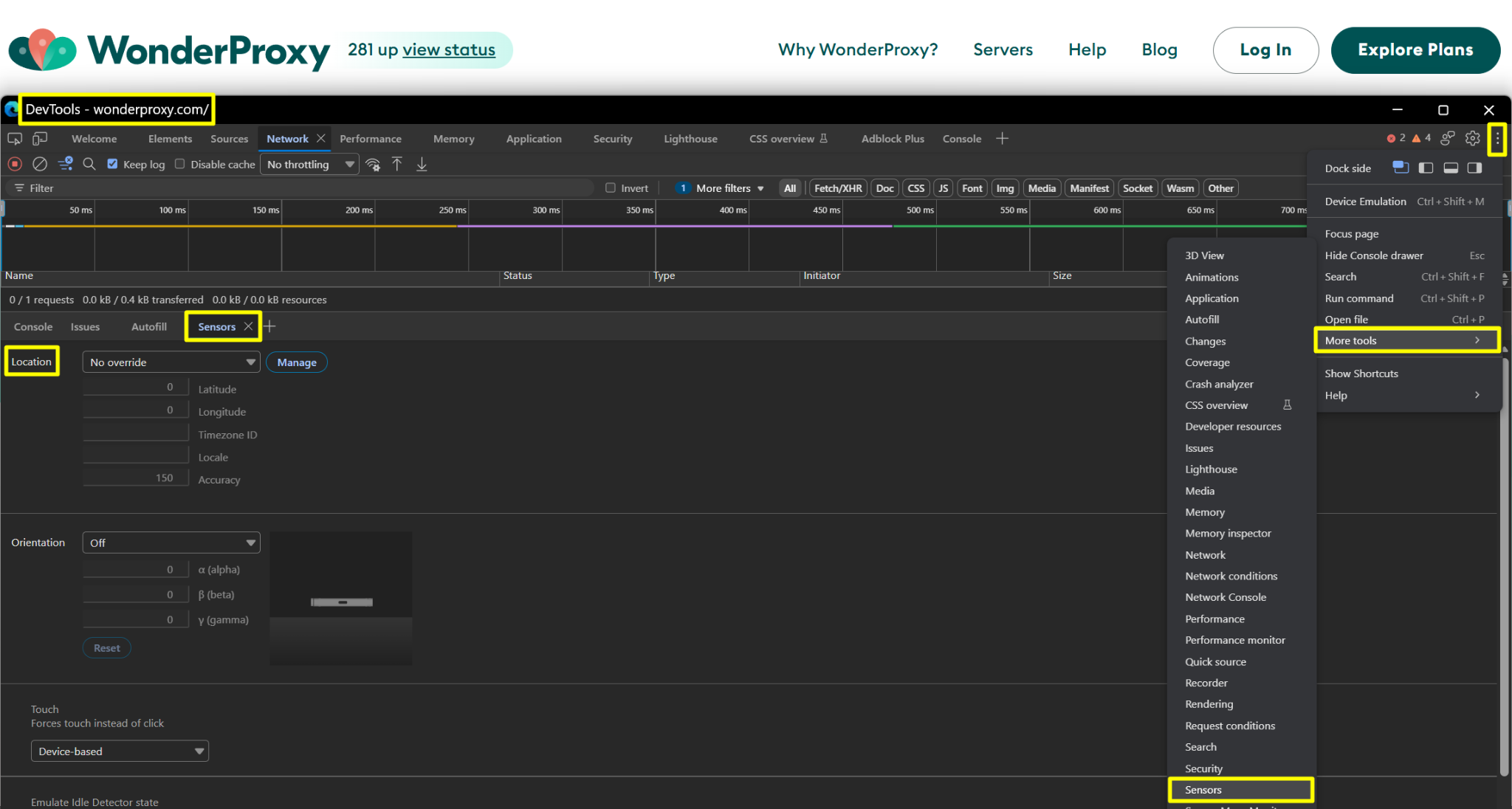Screenshot of browser developer tools showing the Sensors panel with the Location setting available for overriding the browser’s session geolocation.