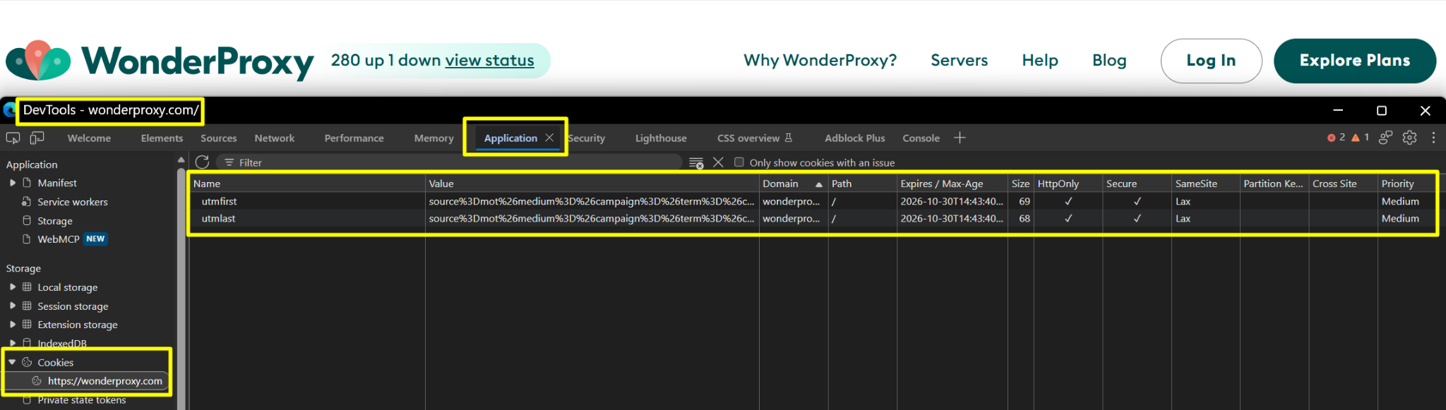 Screenshot of browser developer tools showing application cookies for wonderproxy.com.