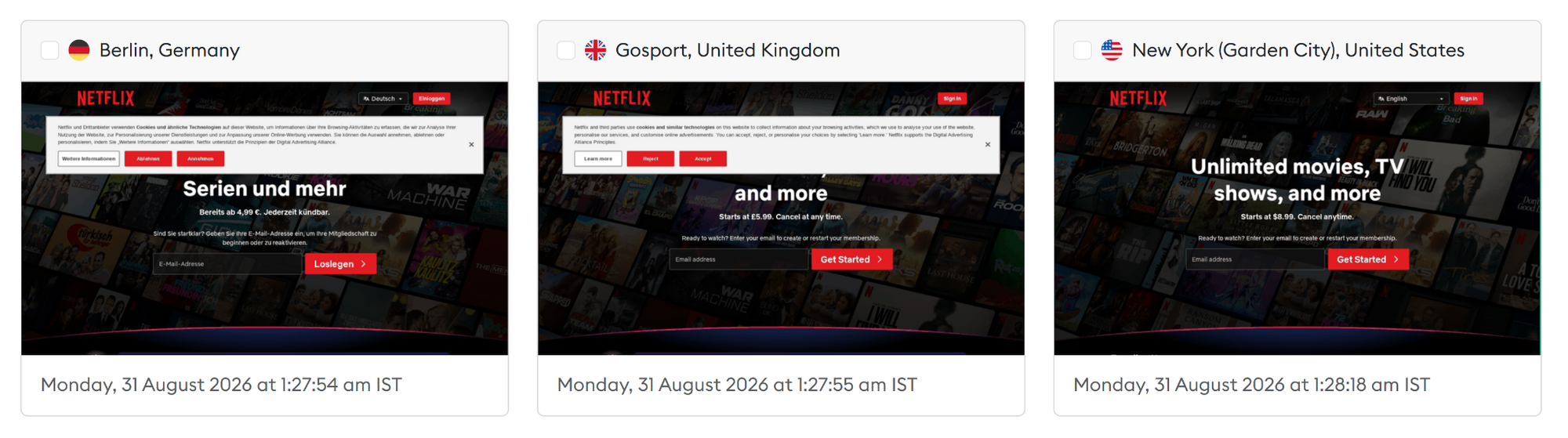 Three screenshots of Netflix accessed through WonderProxy from Berlin, Gosport, and New York, showing different localized languages, cookie banners, currencies, and content based on each location.