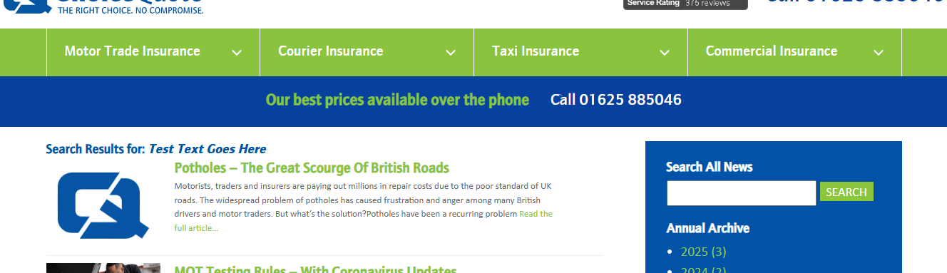 A search result page is displayed with the Search keyword text is dispalyed in italiced font saying 'Test Text Goes Here'. A number of content cards are listed below it.