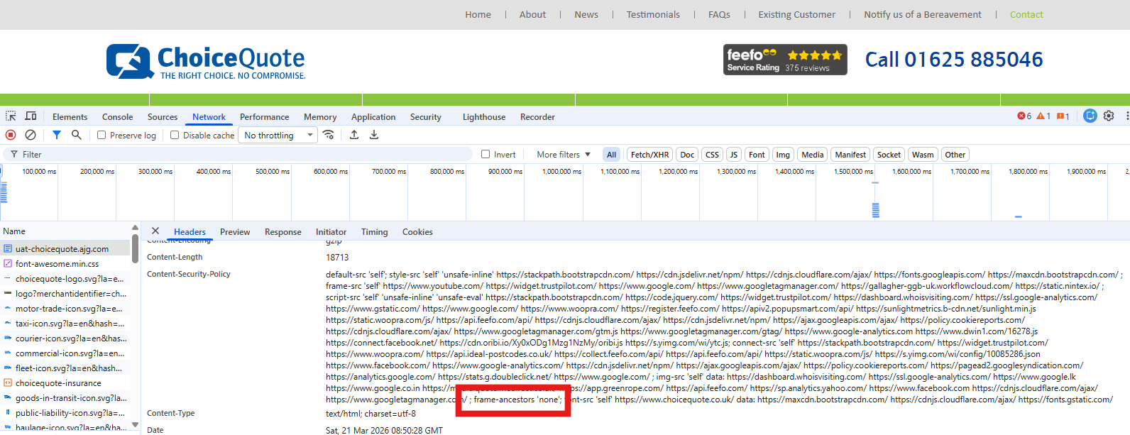 A website loaded and browser Developer Tool Network tab opened for the loaded site, with the CSP directive frame-ancestors "none" within the Content-Security-Policy header highlighted.  