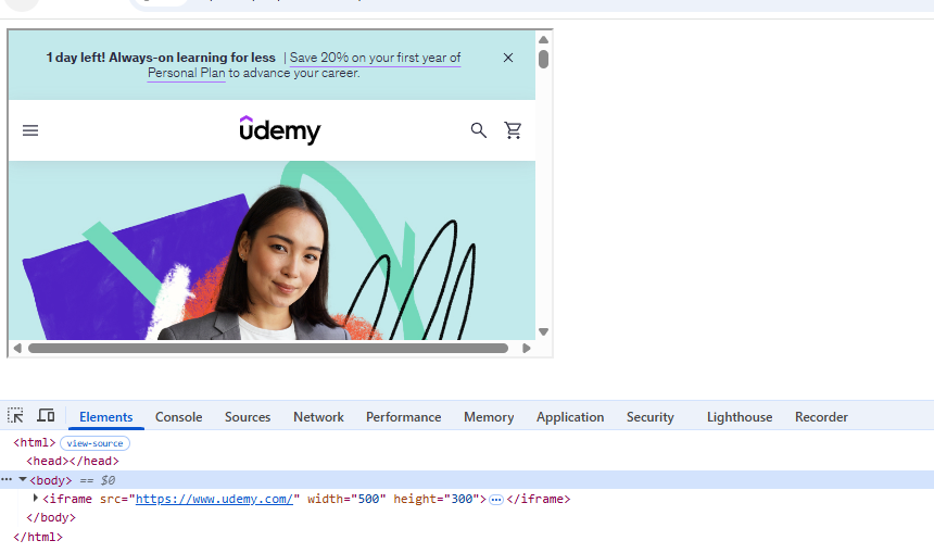 An embedded web page inside an <iframe> tag, with the Chrome Dev tools element panel open and showing <iframe src="https://www.udemy.com/" width="500" height="300">