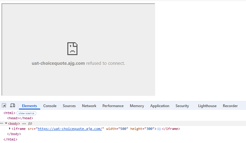 A blocked <iframe> connection, showing a 'refused to connect' error for the provided url. 