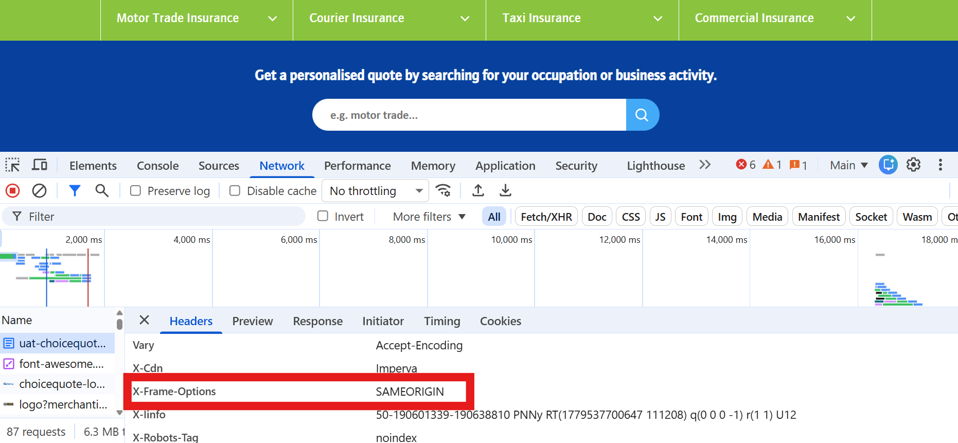 Browser Dev tools Network tab with the X-Frame-Options: SAMEORIGIN response header highlighted. 
