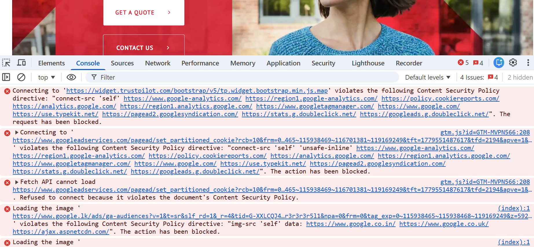 A website loaded with console panel open and displaying certain requests being blocked by CSP violation errors. 