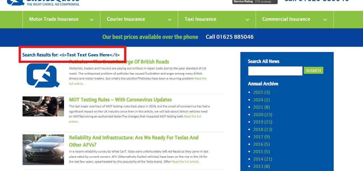 Web page shows search result for the injected script