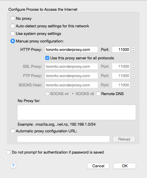 Preview of Firefox proxy settings window on Mac OS X