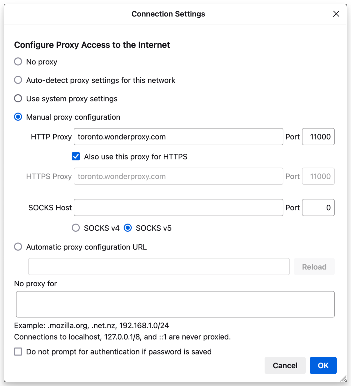 Preview of Firefox proxy settings window on macOS