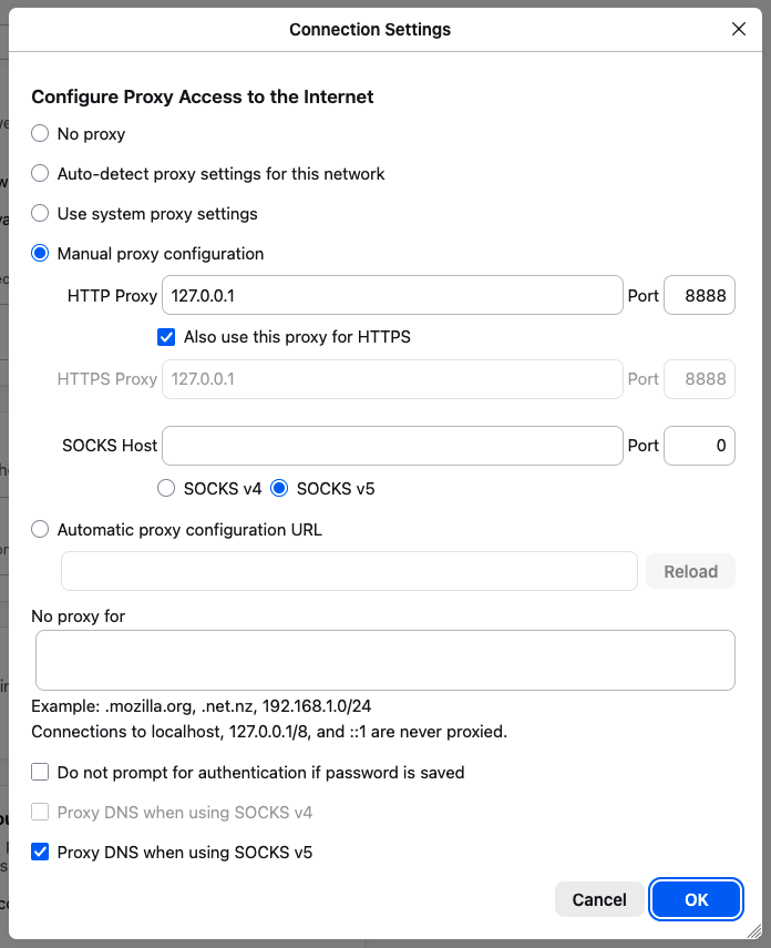 Firefox proxy settings