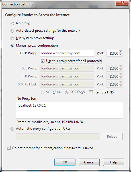 Preview of Firefox's connection settings window