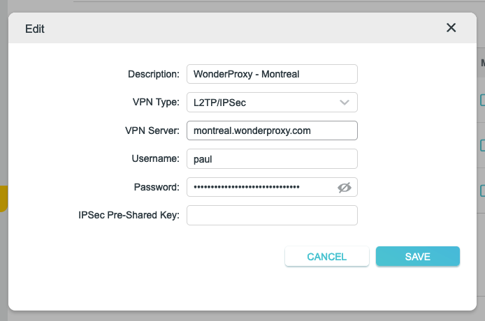 Screenshot of TP-Link VPN configuration modal