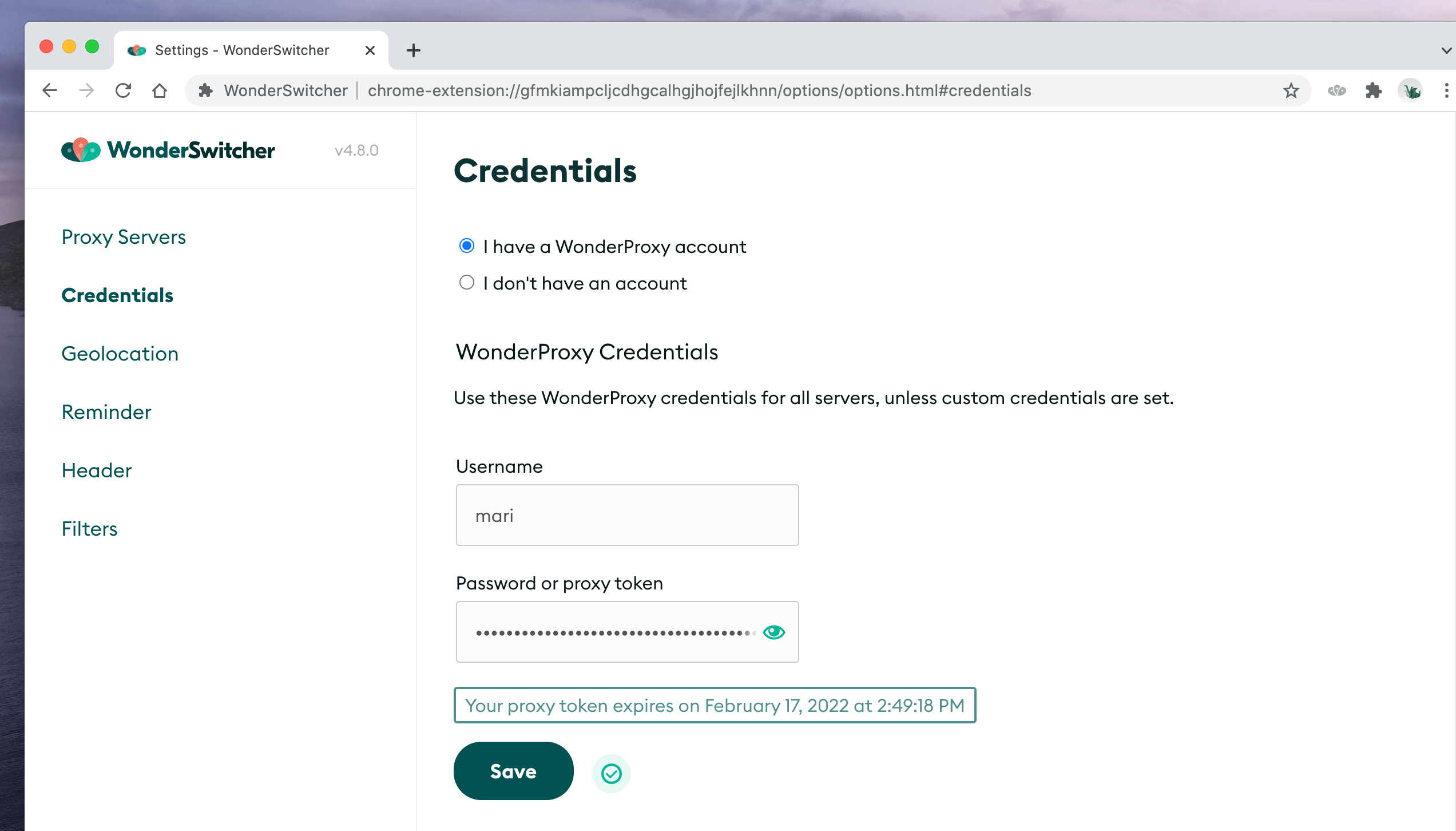 Credentials tab with WonderProxy credentials