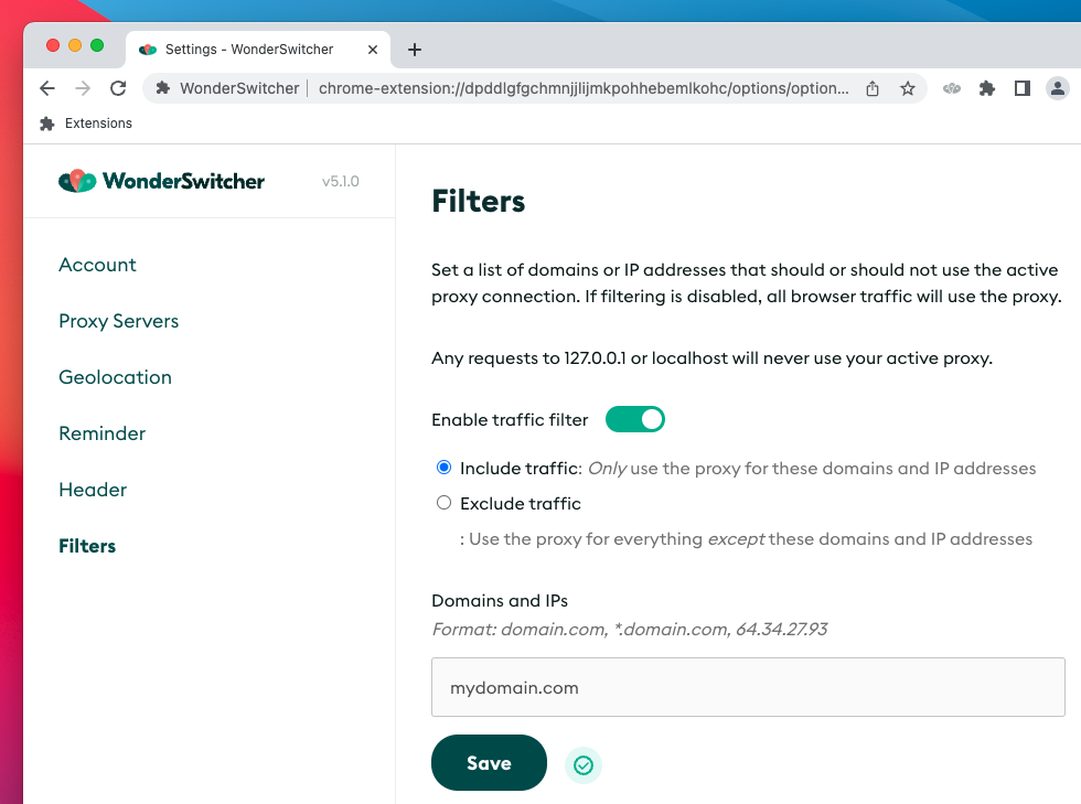 Preview of domain filter in Mozilla Firefox