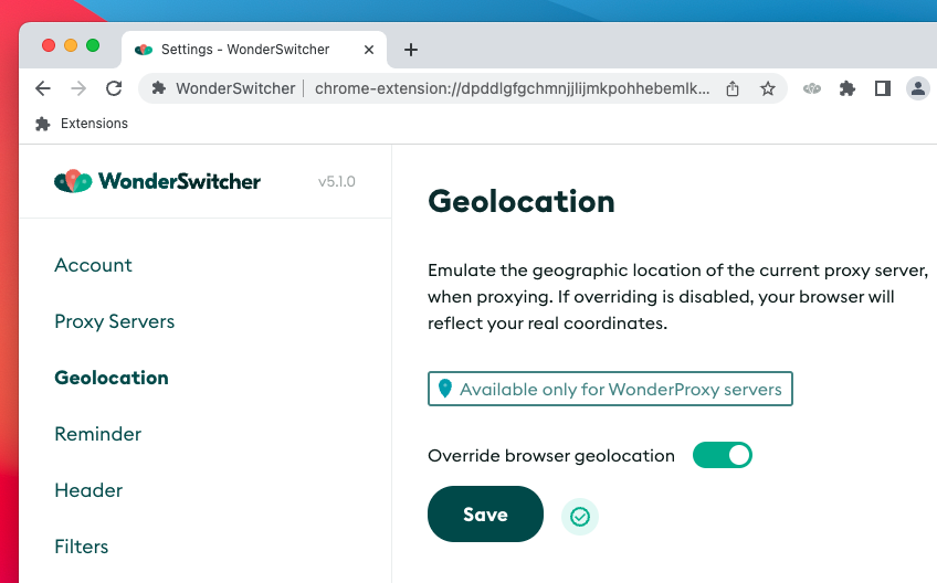 Geolocation settings tab with override toggle enabled