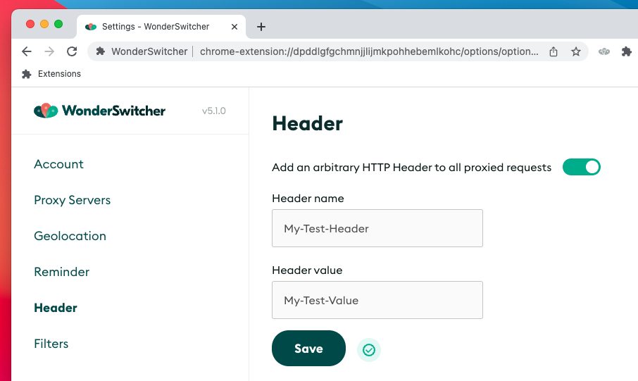 Preview of setting up a HTTP header in the settings panel