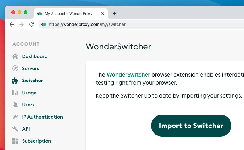 Account servers page with Import to Switcher button