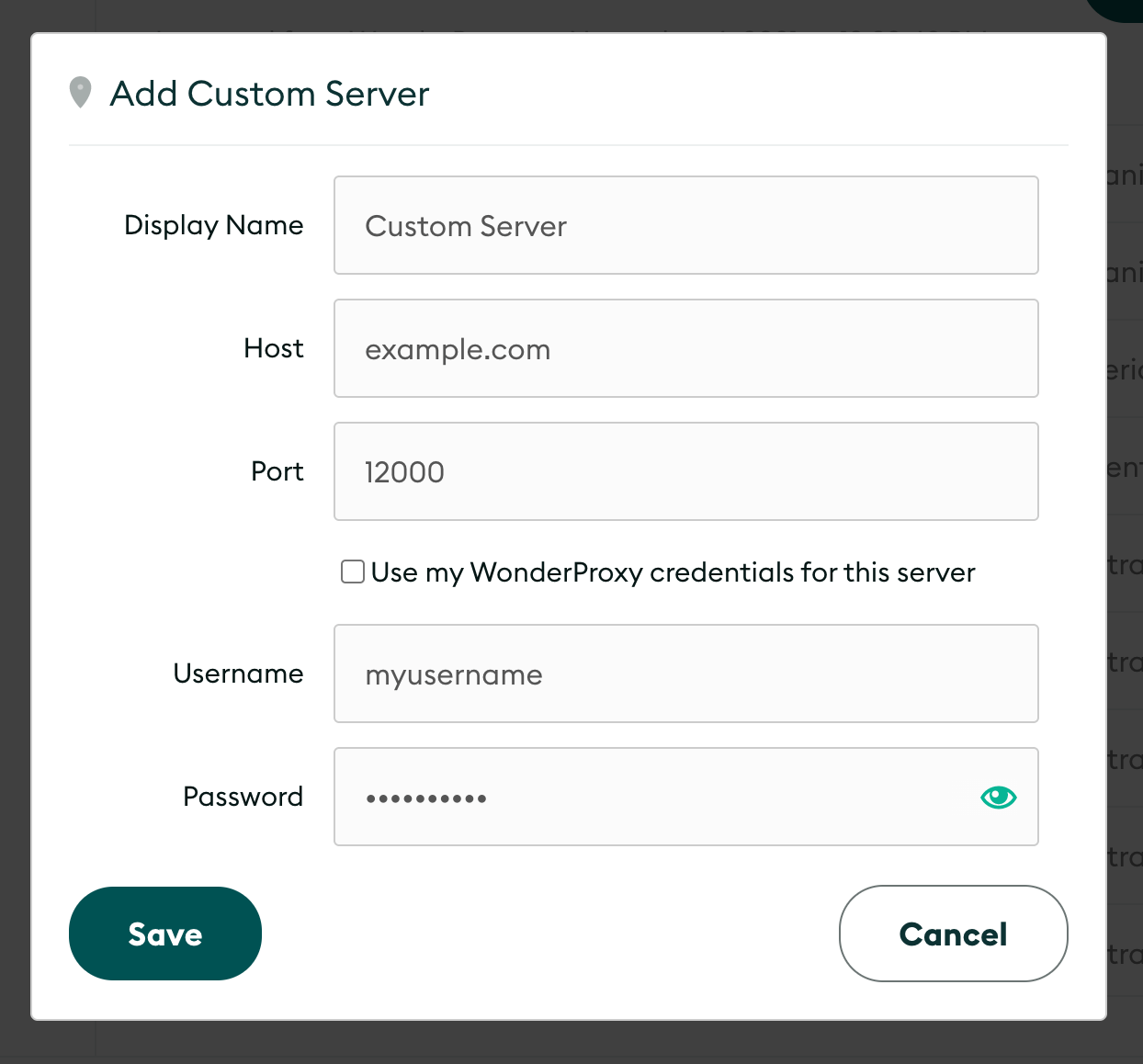 Add Custom Server modal with custom credentials