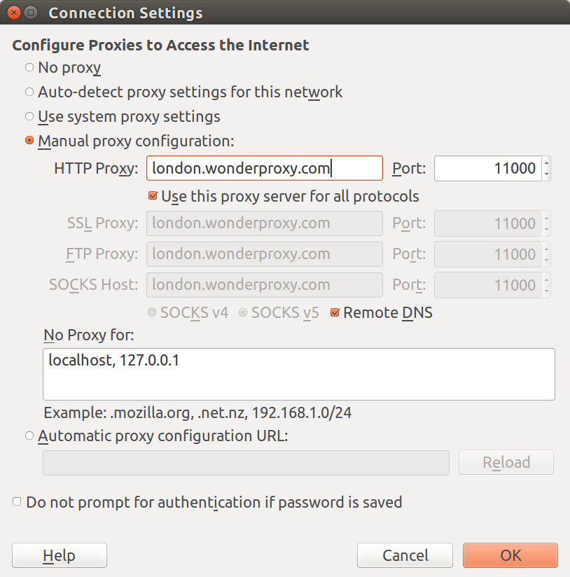 Connection settings in Firefox