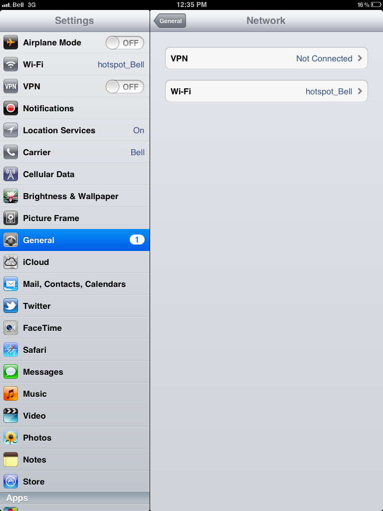 iPad with network settings open