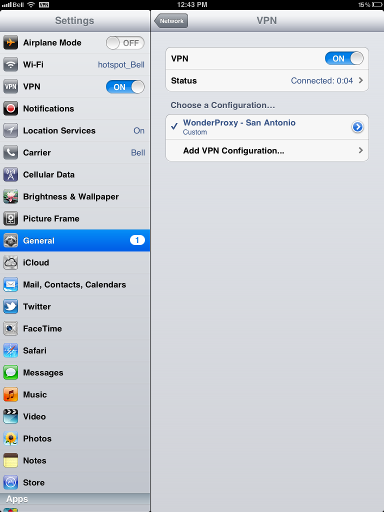 iPad with VPN shown as ON