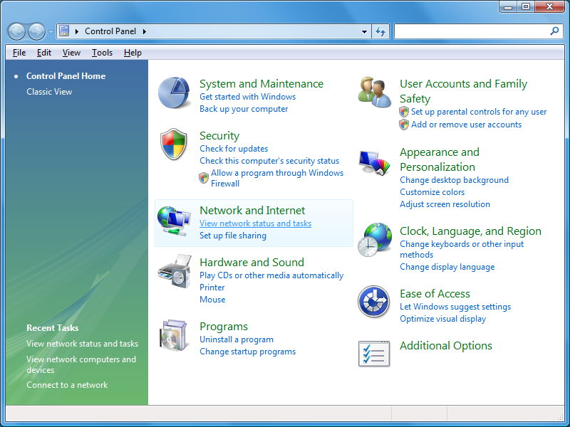 Windows Vista control panel